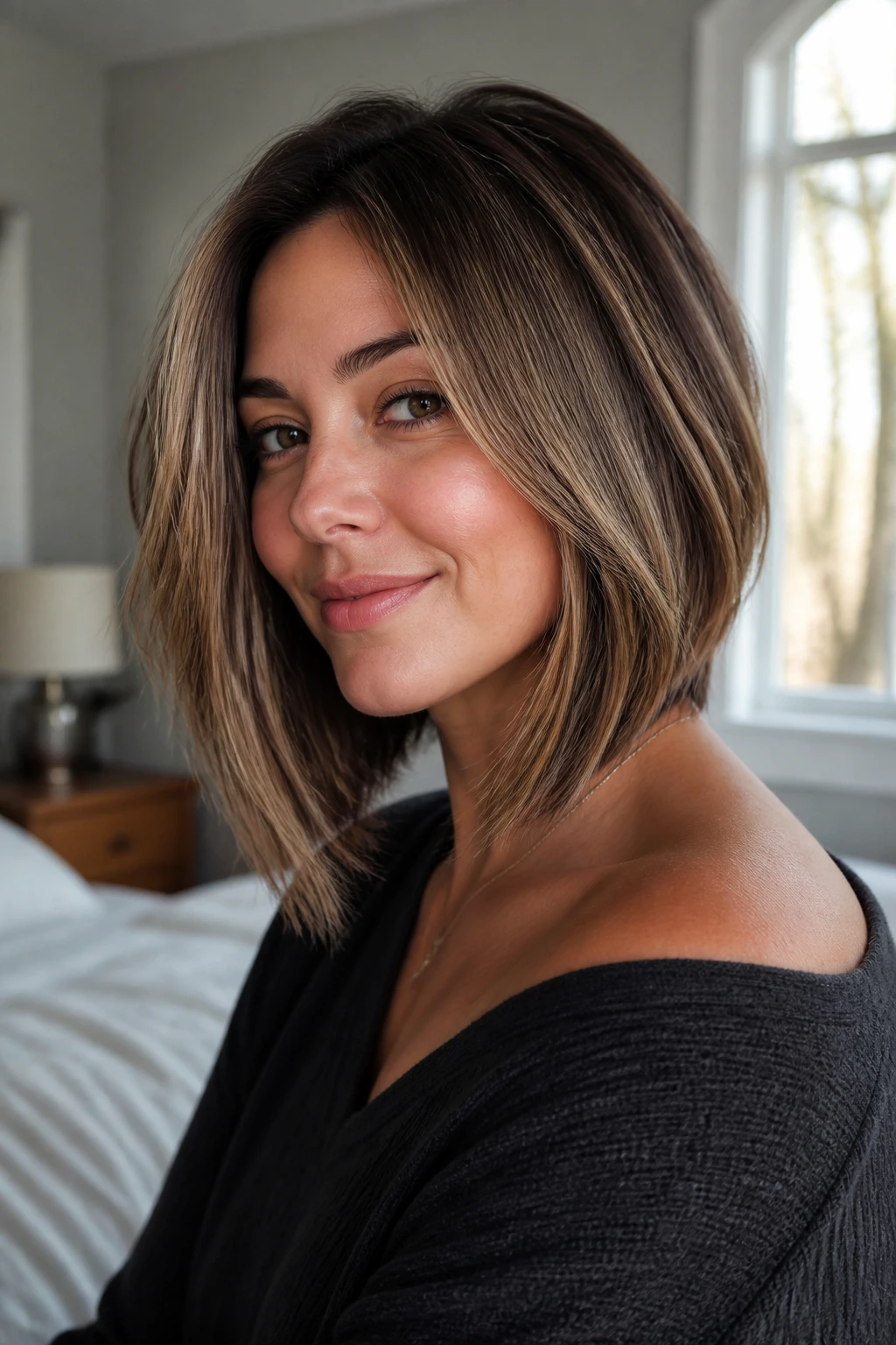 Close-up of a real woman with a soft-layered angled bob in warm window light