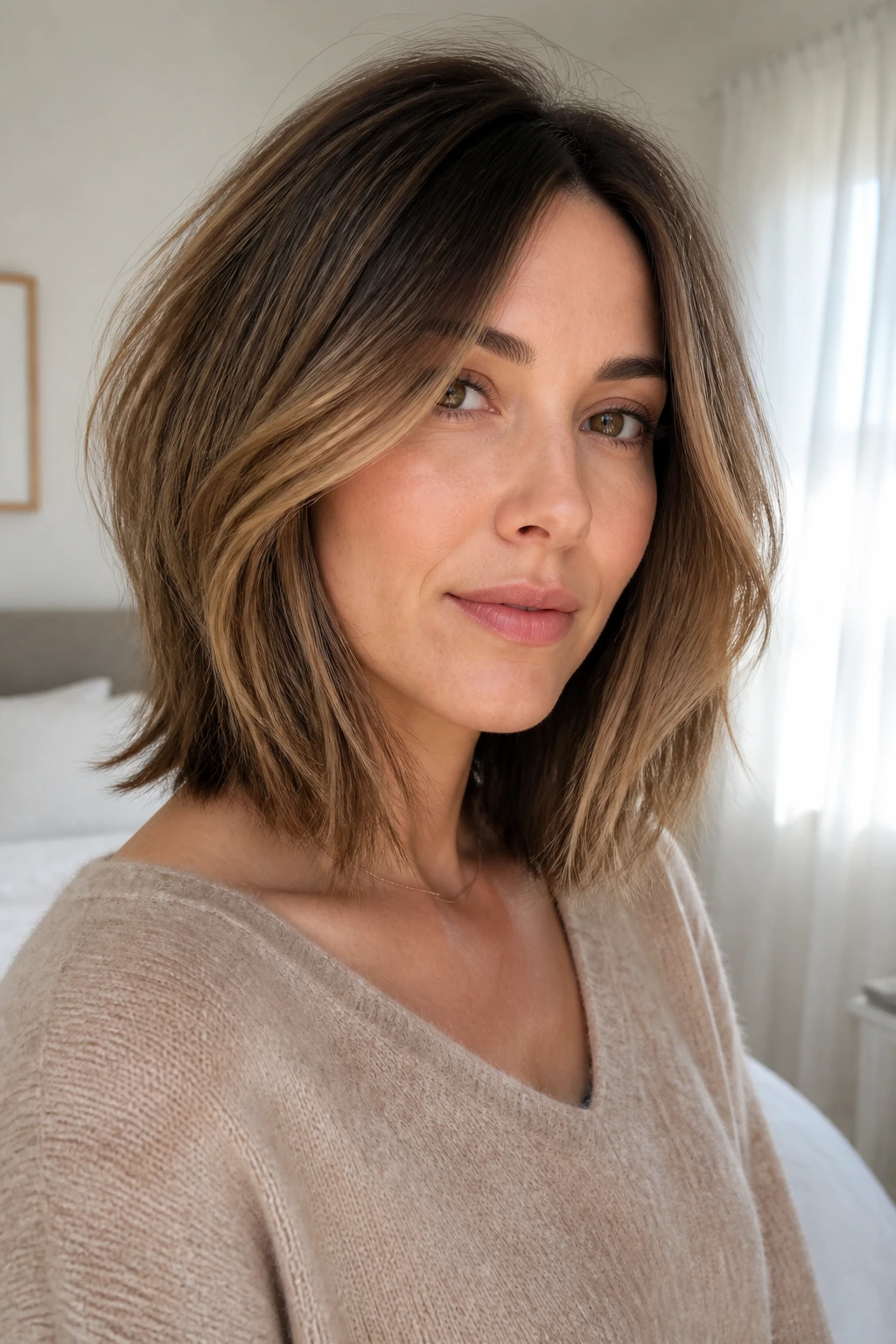 Close-up portrait of a real woman with a soft layered angled lob.