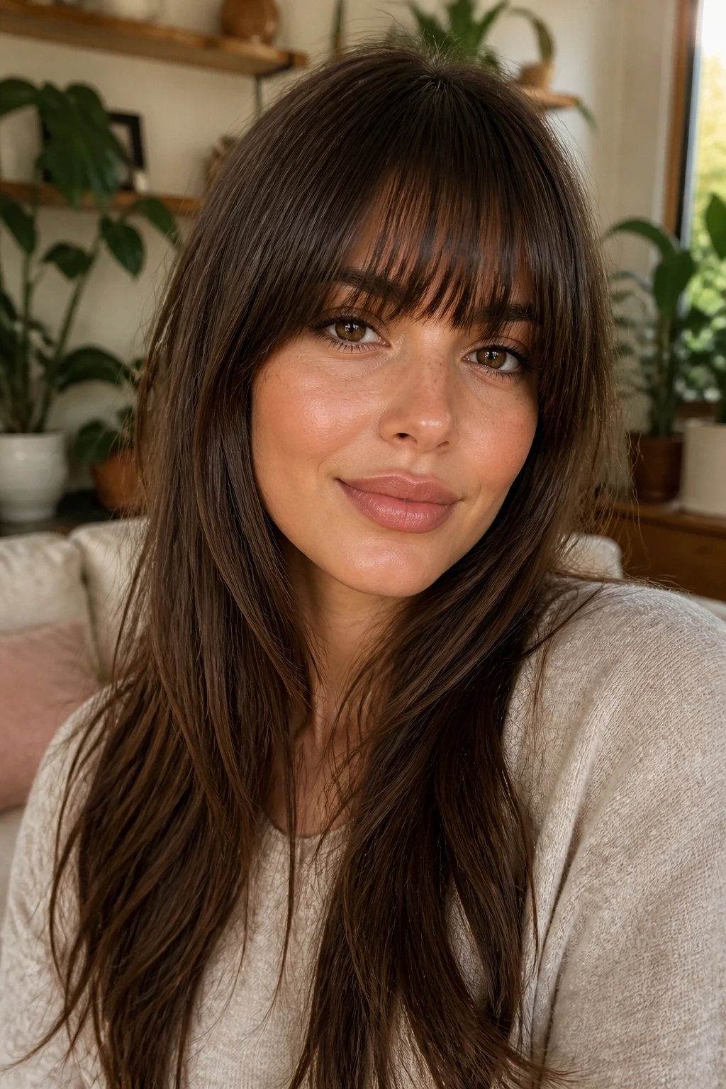 Close-up portrait of a real woman with soft layered straight-across bangs