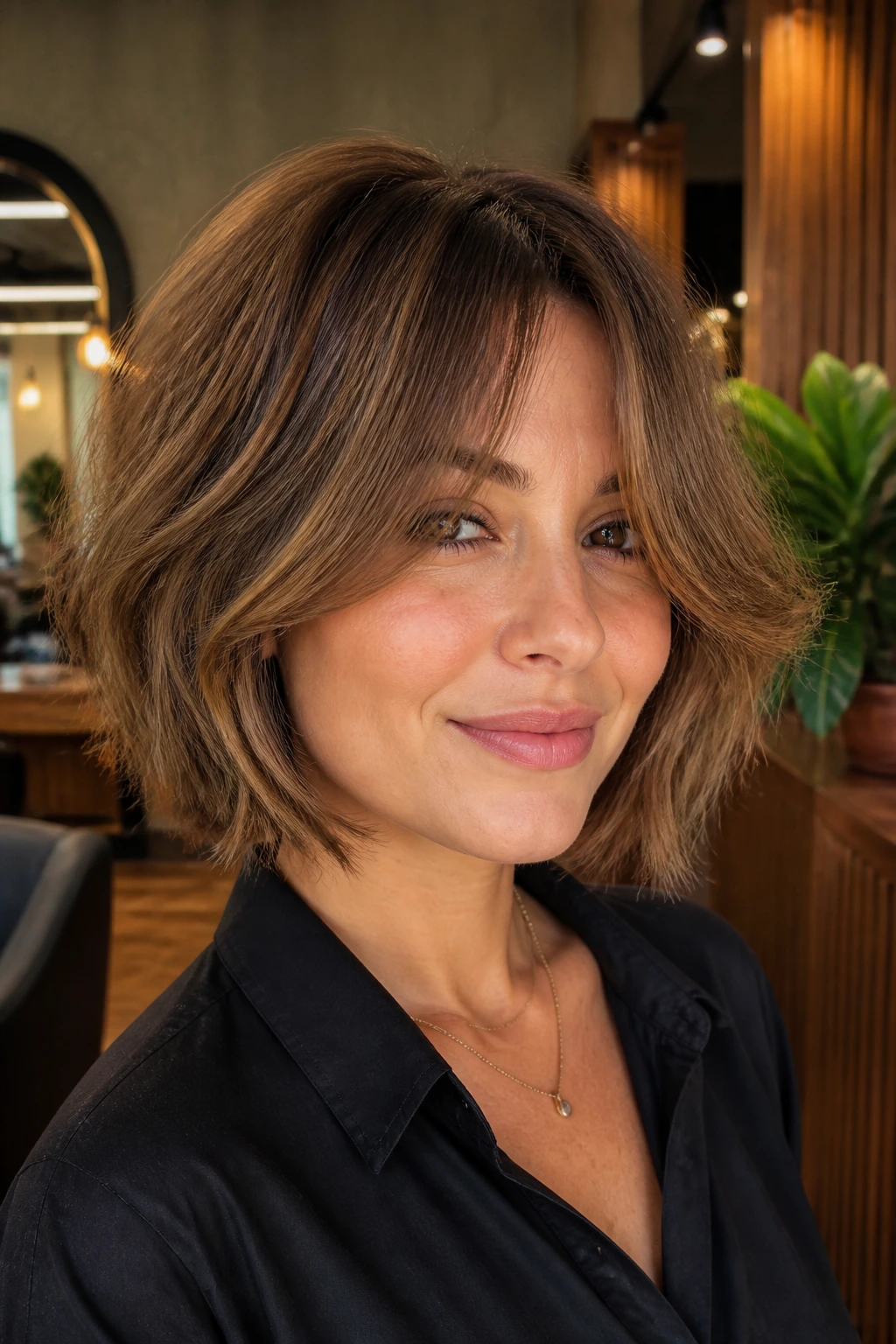 Close-up portrait of a woman with a soft-layered choppy bob and long curtain bangs in a warm salon setting