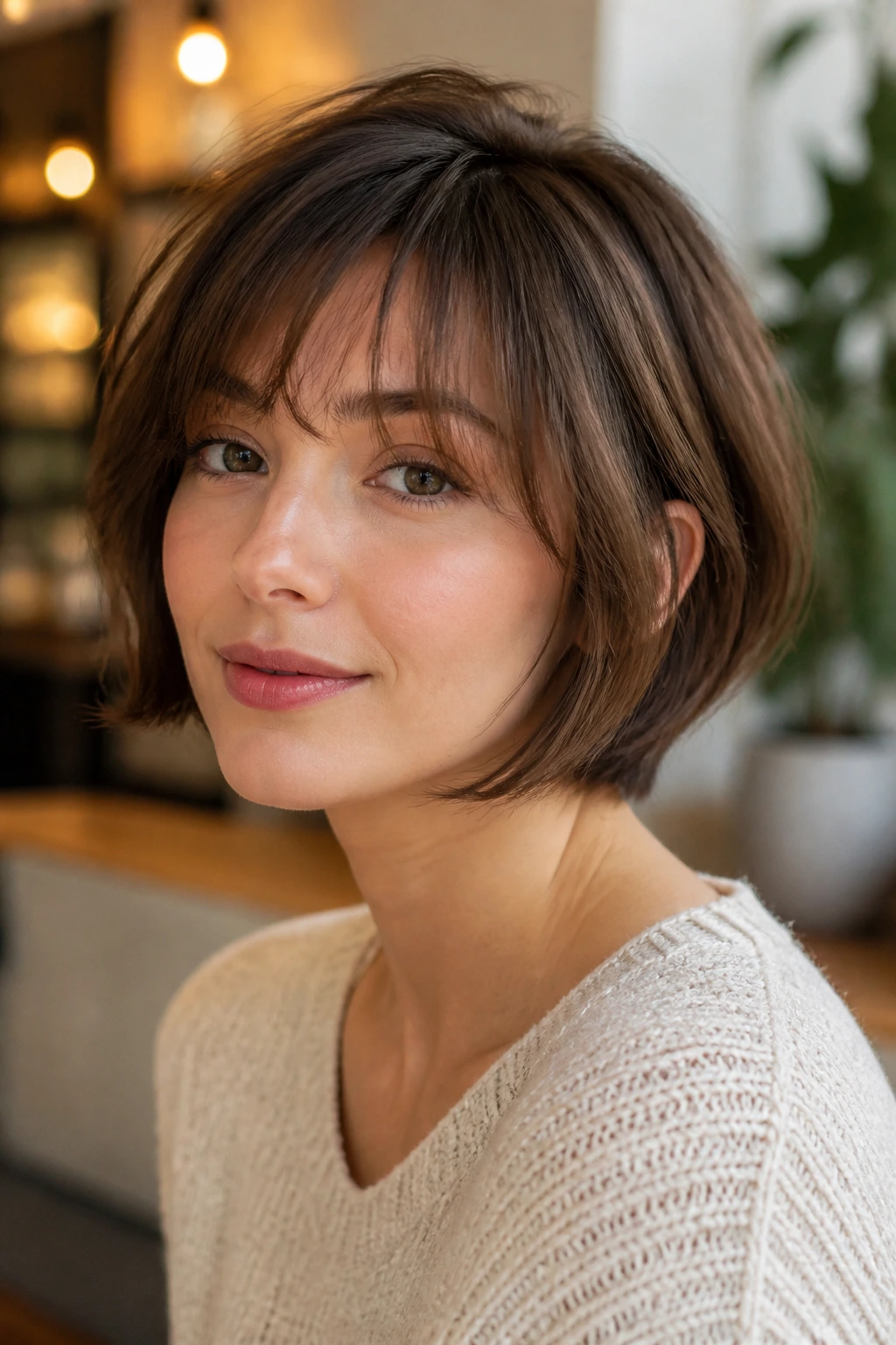 Close-up of a real person with soft-layered bob and airy fringe in warm light