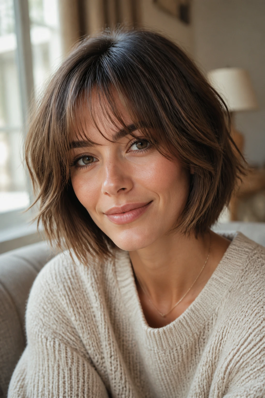 Close-up of a real woman with soft layered bob and wispy bangs