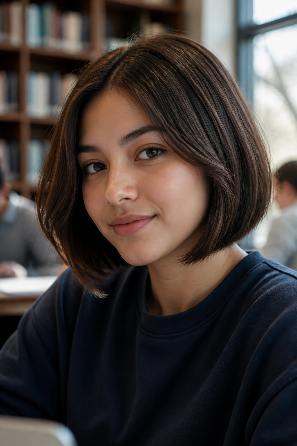 Close-up portrait of a real student wearing a jaw-length soft-layered bob in a campus library.