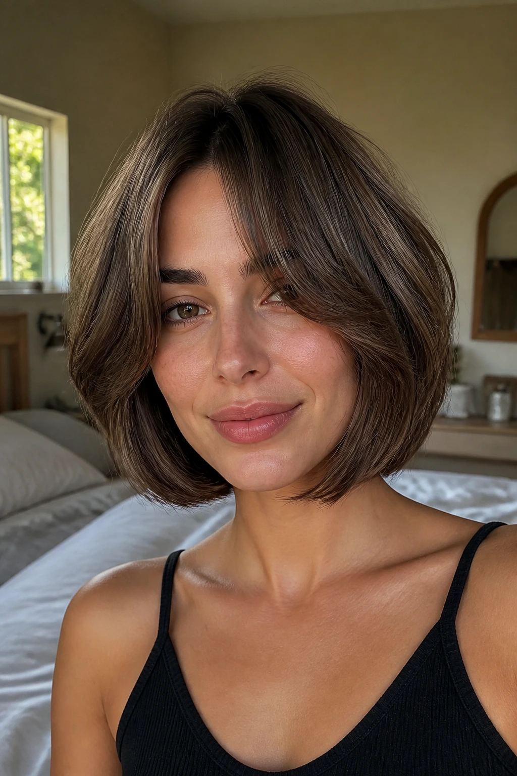 Close-up portrait of a real woman with soft layered bob and curtain bangs.