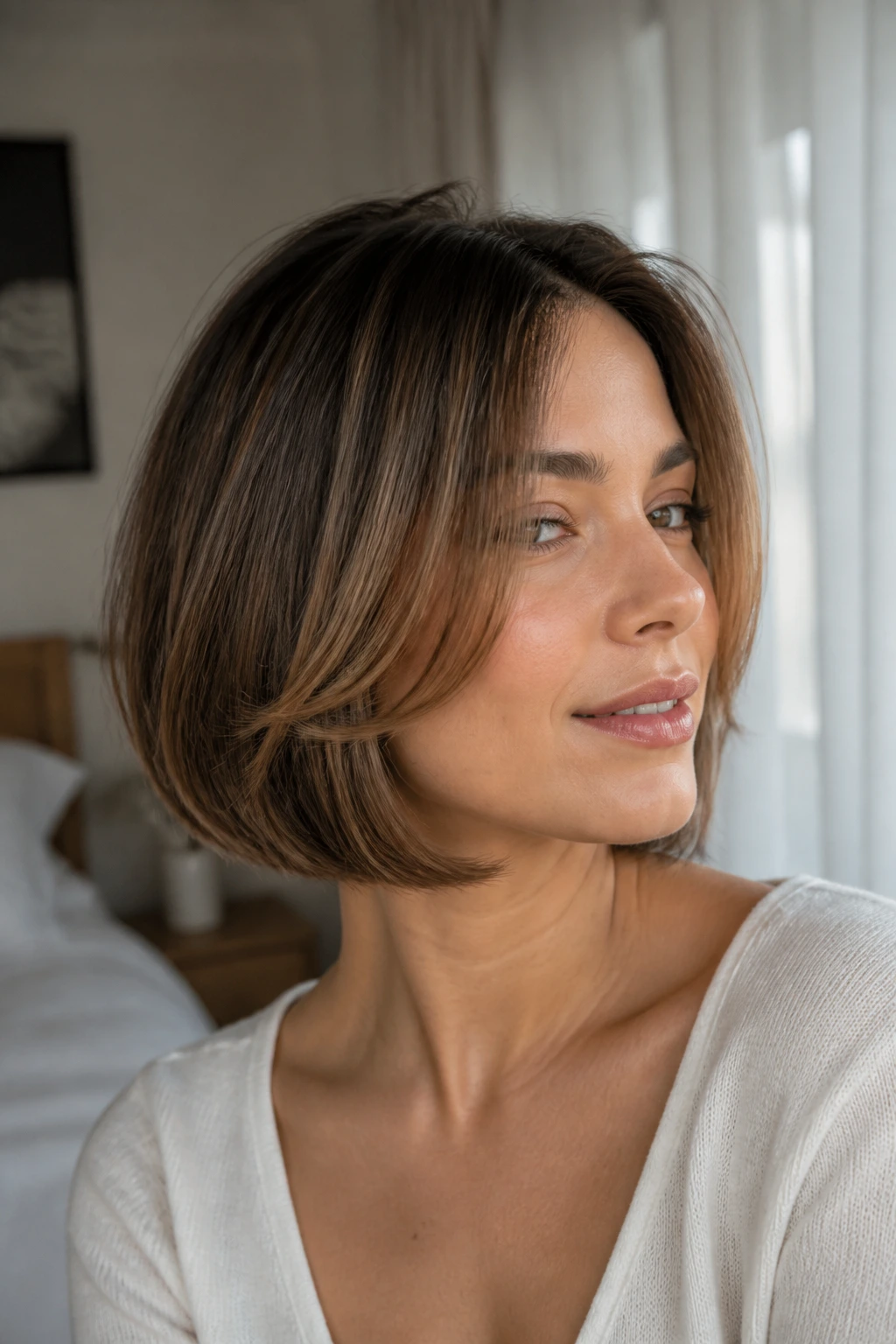 Close-up portrait of a real woman with a soft-layered face-frame bob in a cozy sunlit bedroom