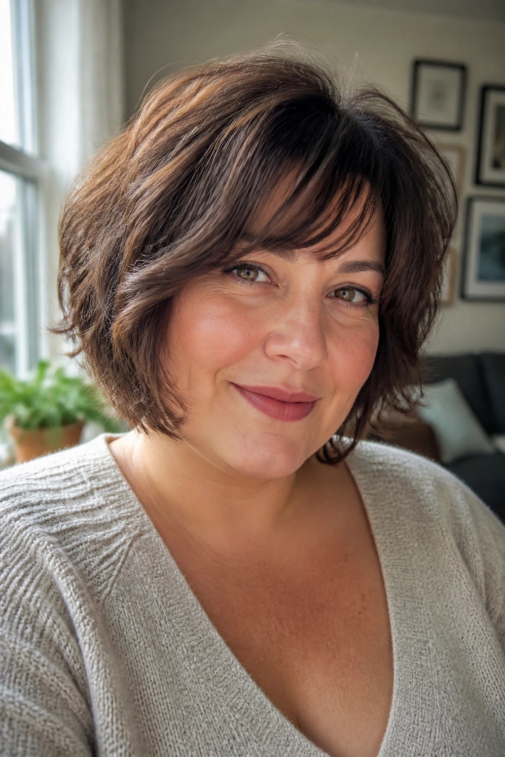 Close-up portrait of a real woman with a soft layered bob