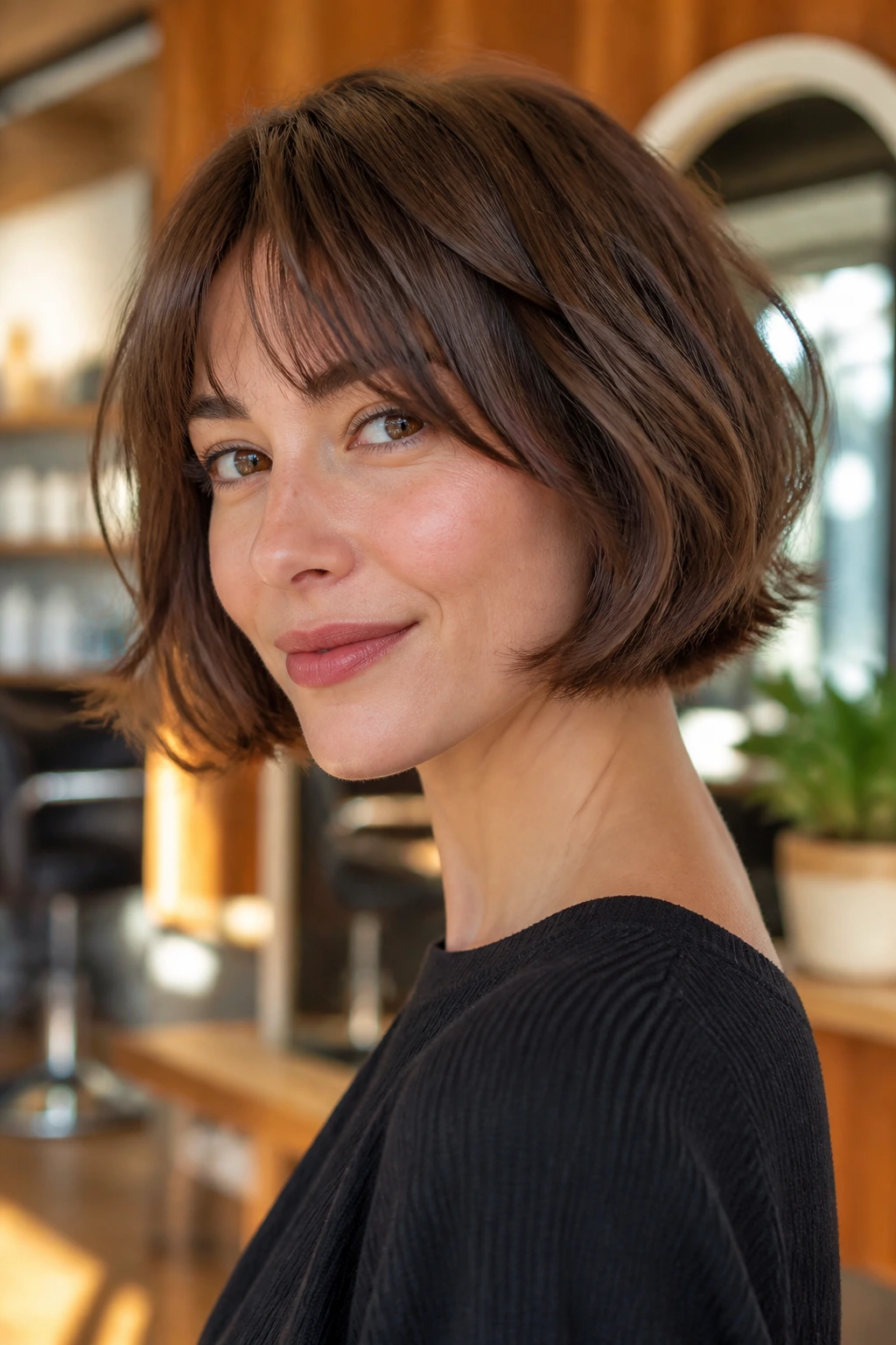 Close-up portrait of a real woman with a soft-layered French bob and glossy shine