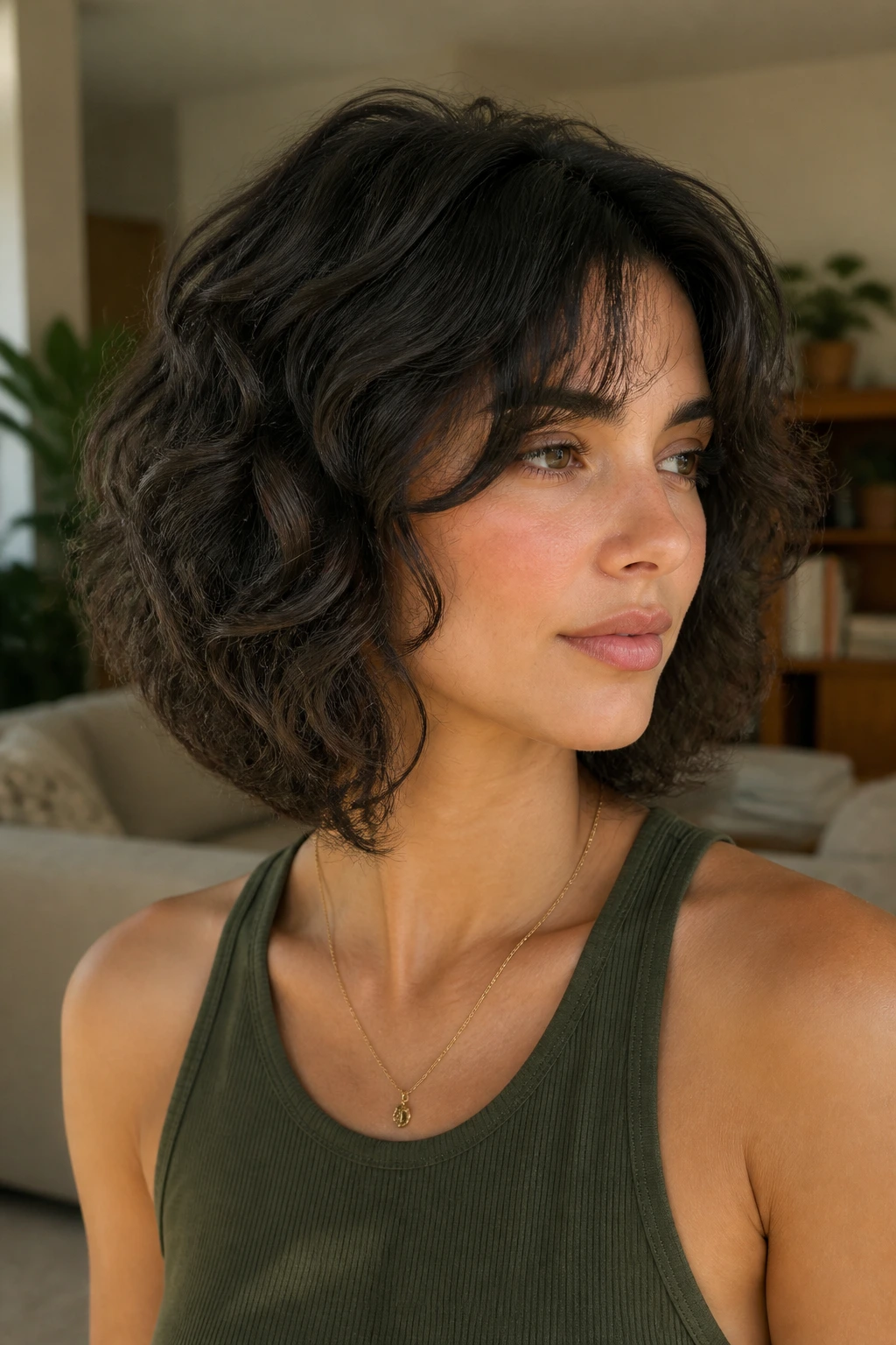Close-up of a real woman with soft-layered bob and graduation layers framing the face.