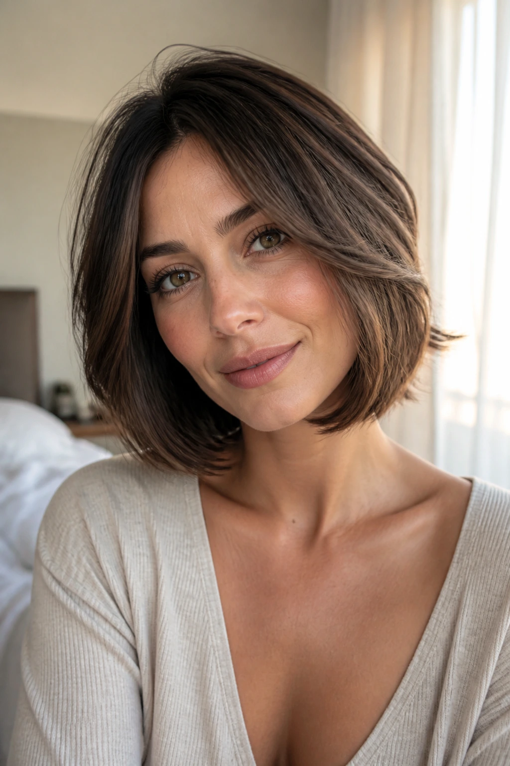 Close-up of a real woman with a soft-layered bob in morning light