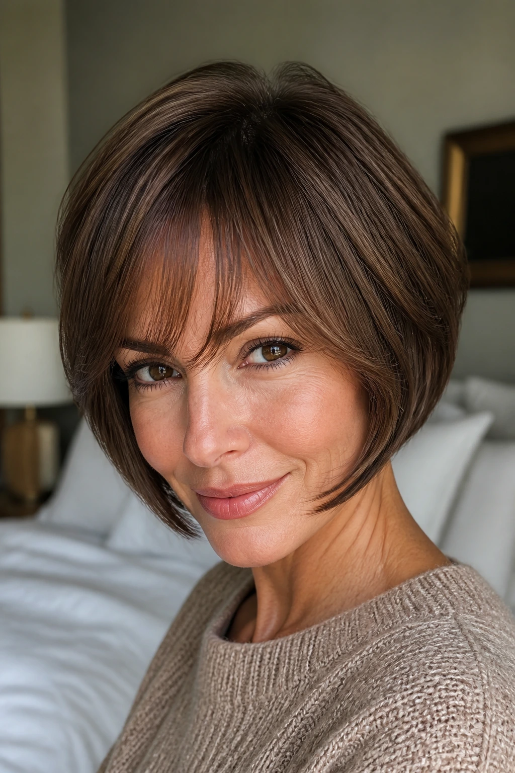 Close-up portrait of a woman with soft layered wisps and face-hugging bob layers.