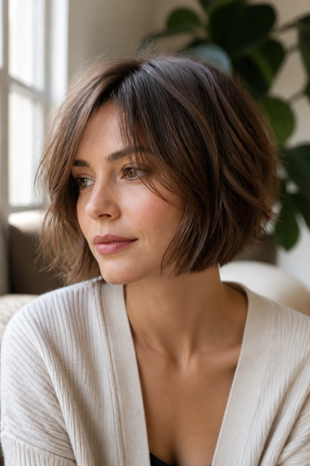 Close-up of a real woman with a soft layered chin-length bob in natural daylight.