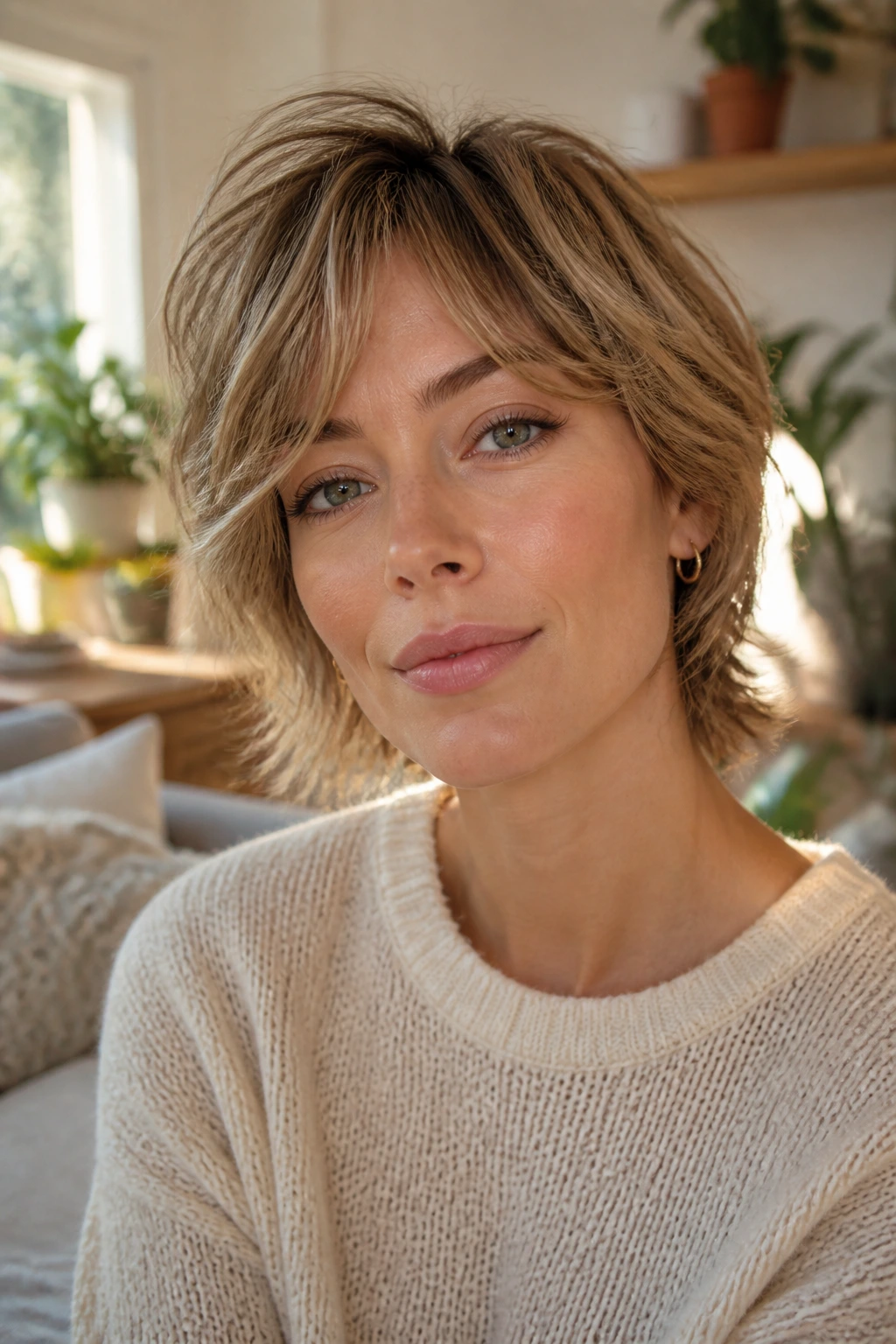 Real woman with soft-layered crop featuring wispy layers and natural waves.