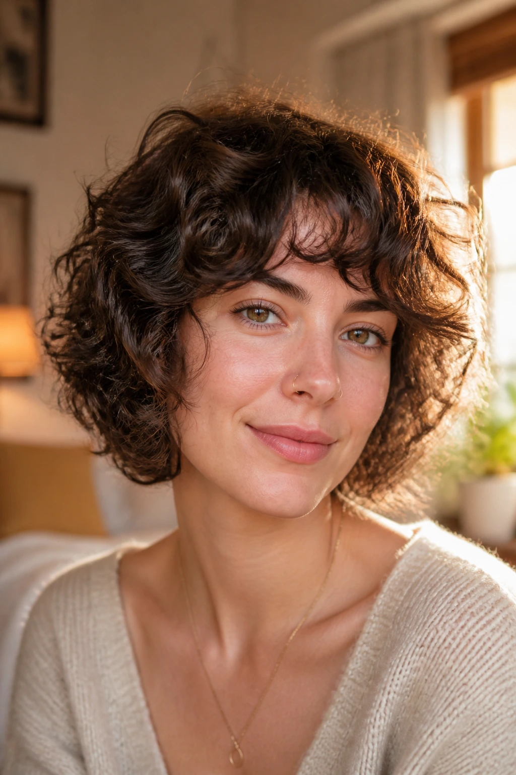 Portrait of a woman with soft-layered curls in a romantic bob