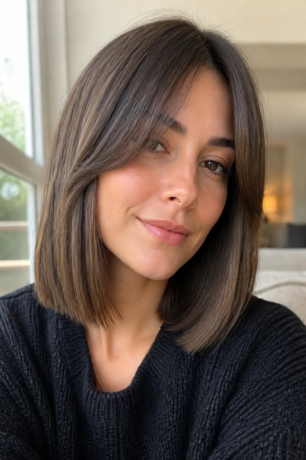 Close-up portrait of a real woman with soft-layered curtain bangs hybrid haircut.