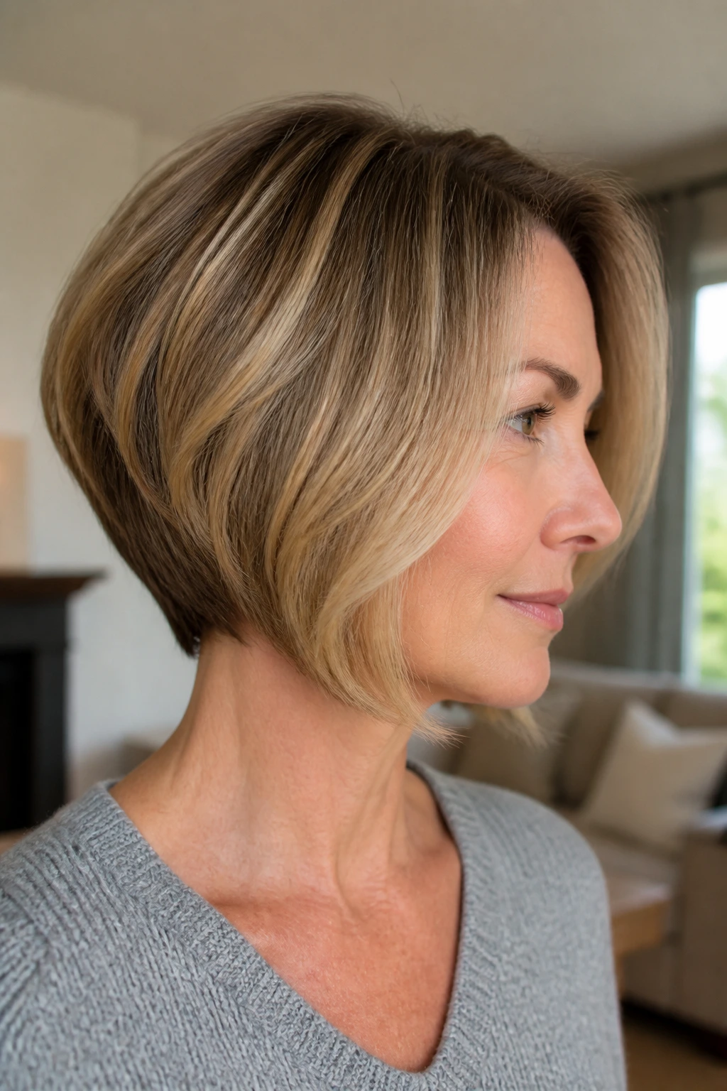Close-up portrait of a real woman with soft layered inverted bob in a cozy home setting