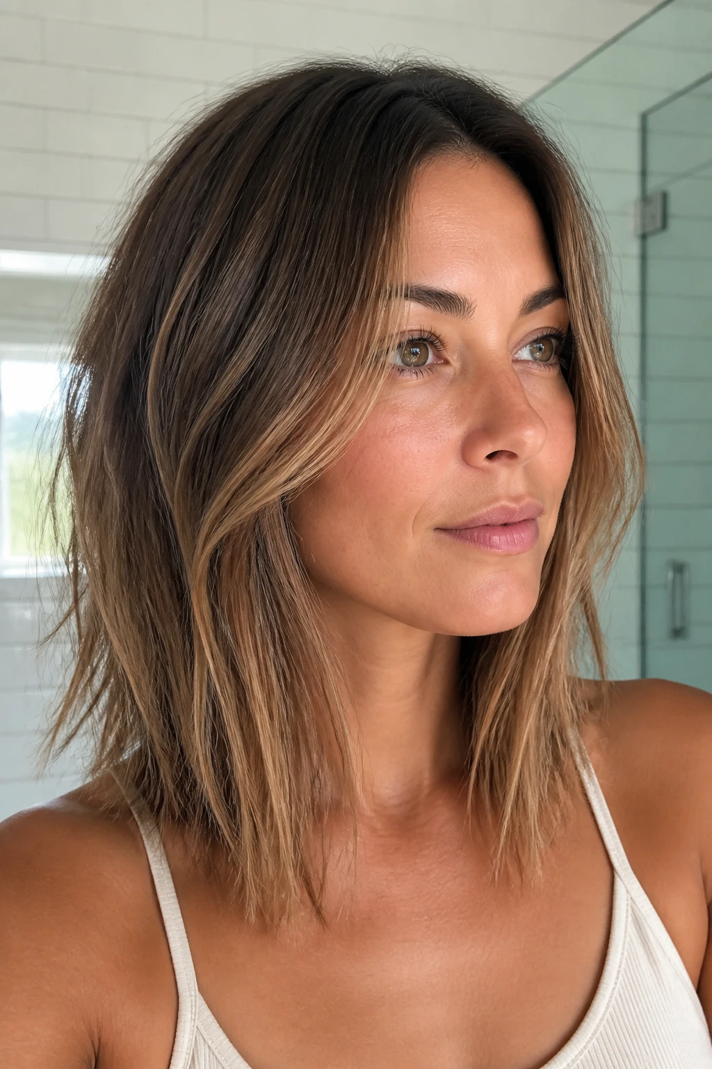 Close-up portrait of a real woman with soft-layered lob for fine hair