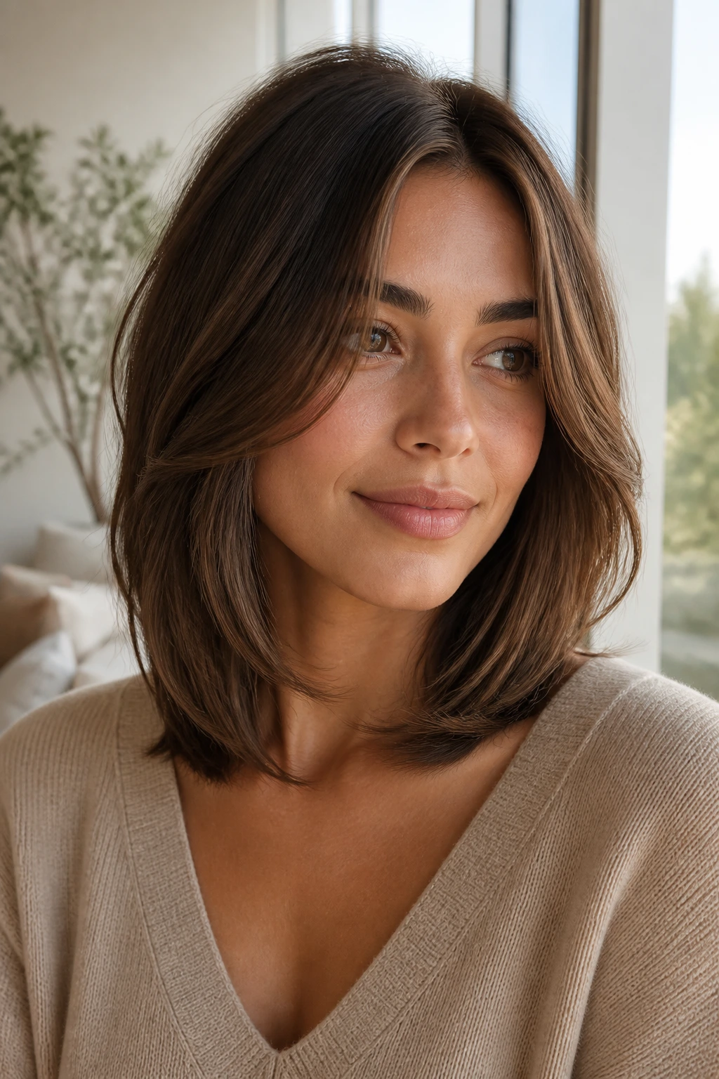 Medium close-up of a woman with a soft layered lob in natural daylight