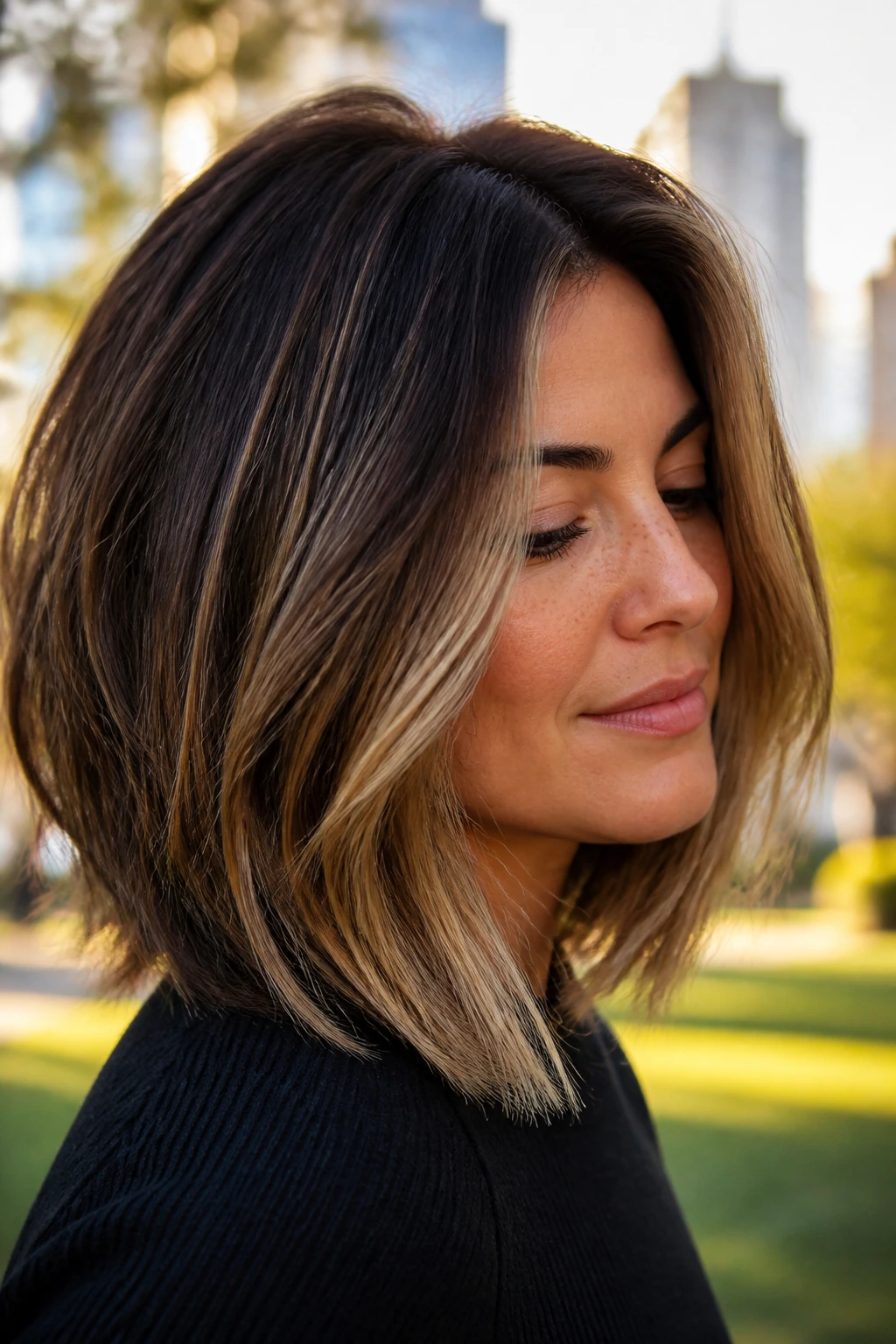 Three-quarter portrait of real woman with soft-layered lob showing darker back lighter front