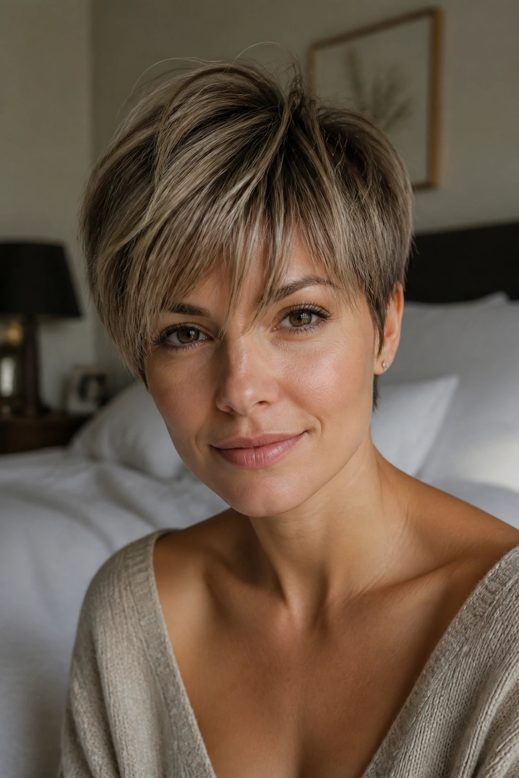 Close-up of a woman with soft layered pixie and wispy bangs
