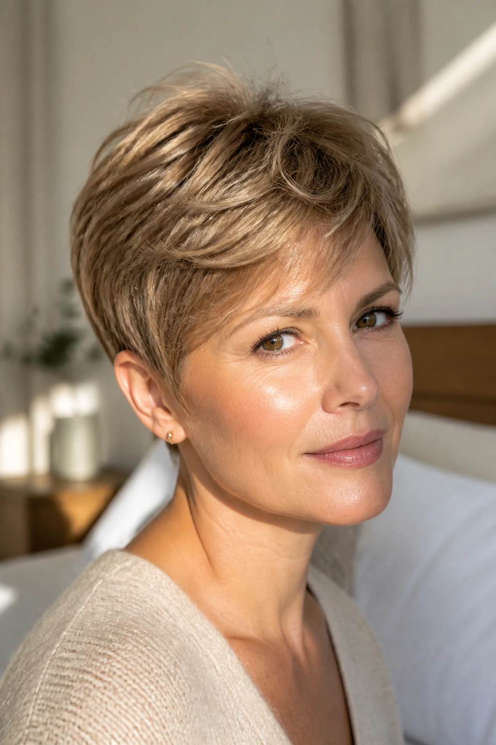 Close-up portrait of a real person with a soft layered pixie hairstyle.