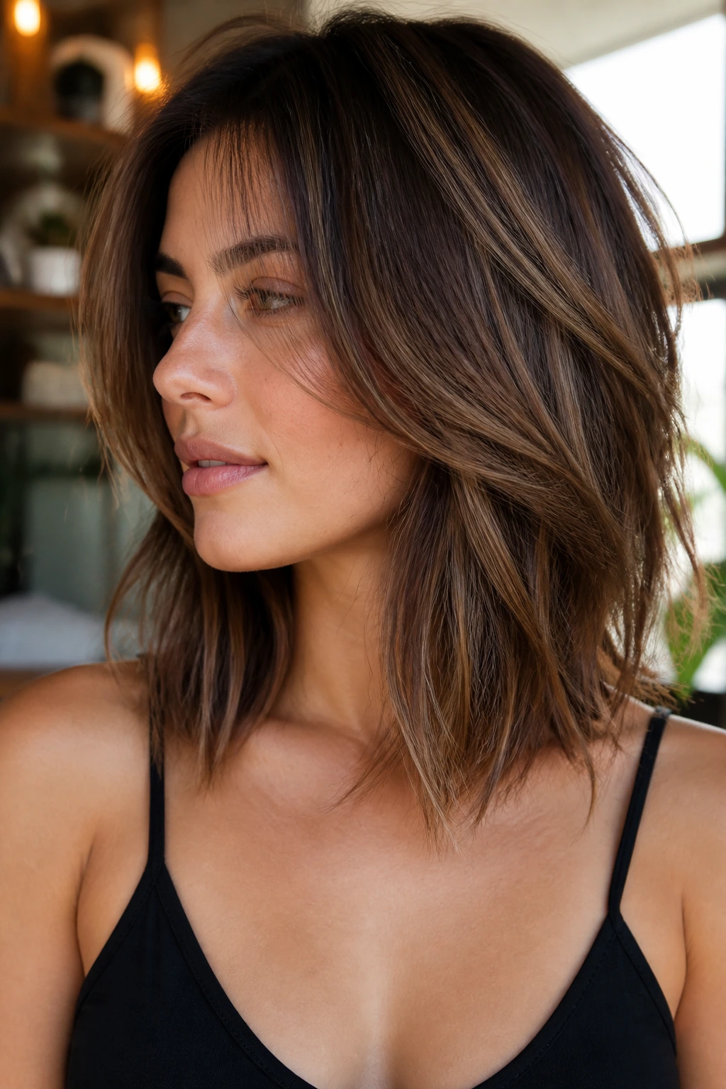 Real woman with soft-layered razored bob in warm light