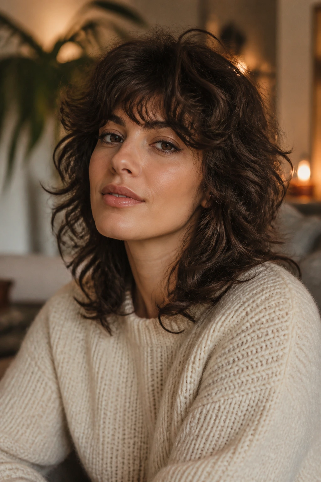 Close-up of a woman with soft layered shag hairstyle and curls