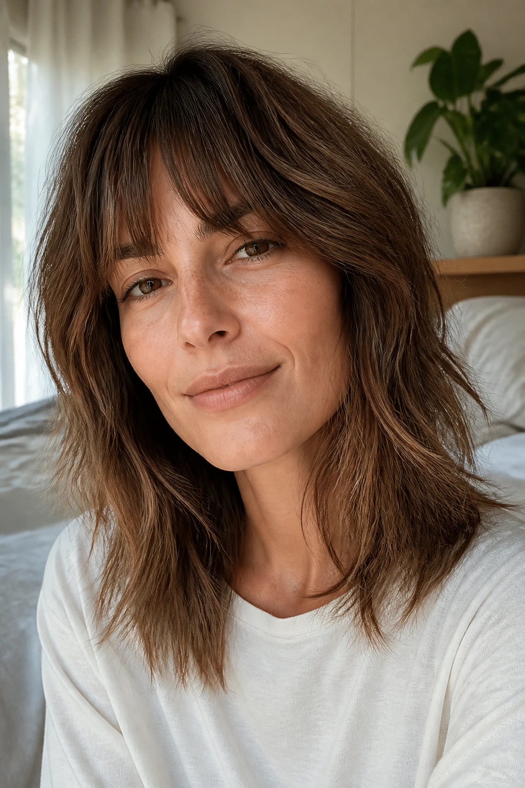 Close-up portrait of a real person with soft-layered shag in bright morning light