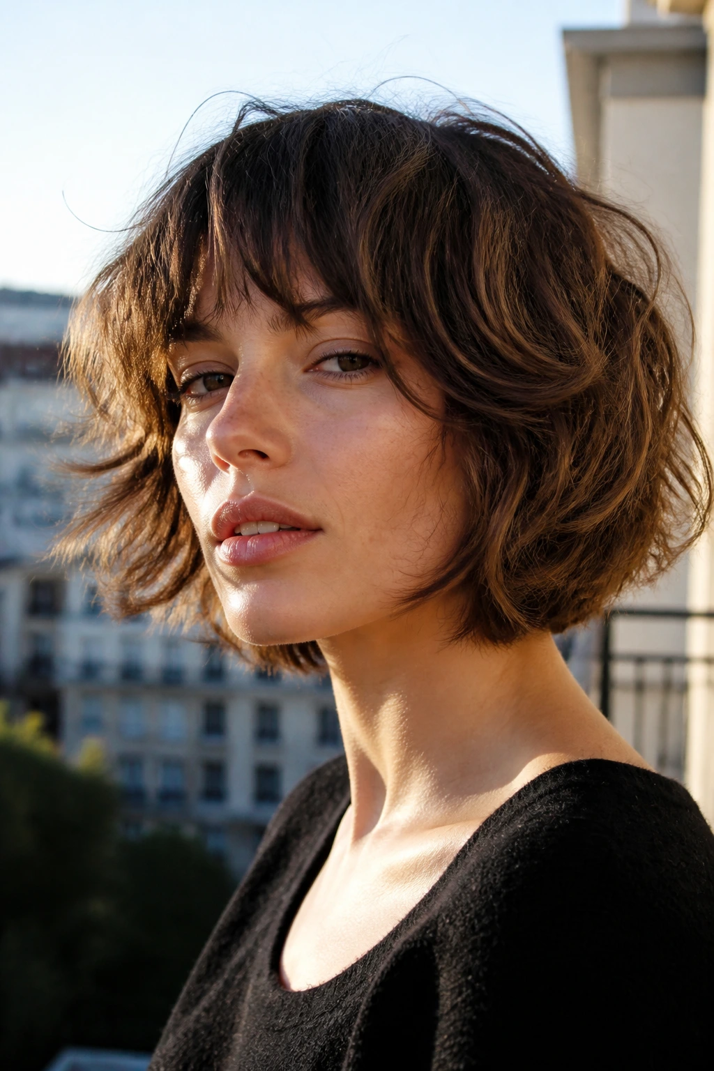 Close-up of a real woman with soft-layered shaggy bob in sunlit setting