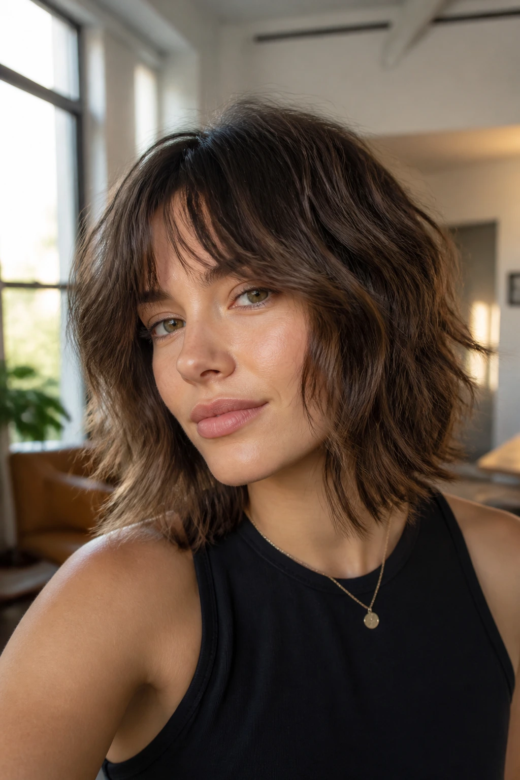 Close-up of a real woman with soft-layered shaggy bob by a window