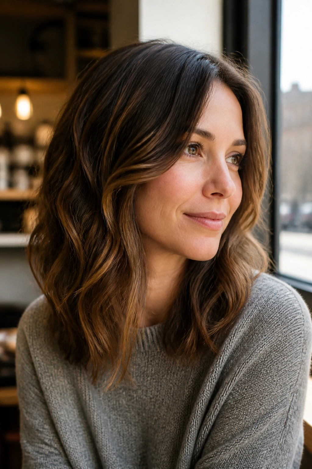 Close-up of a real woman with soft layered wavy lob in natural daylight
