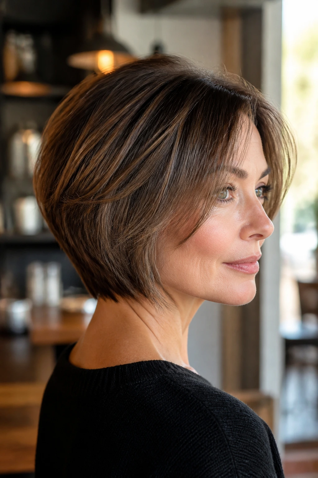 Portrait of a real woman with soft blended layers forming a rounded wedge at the neck.