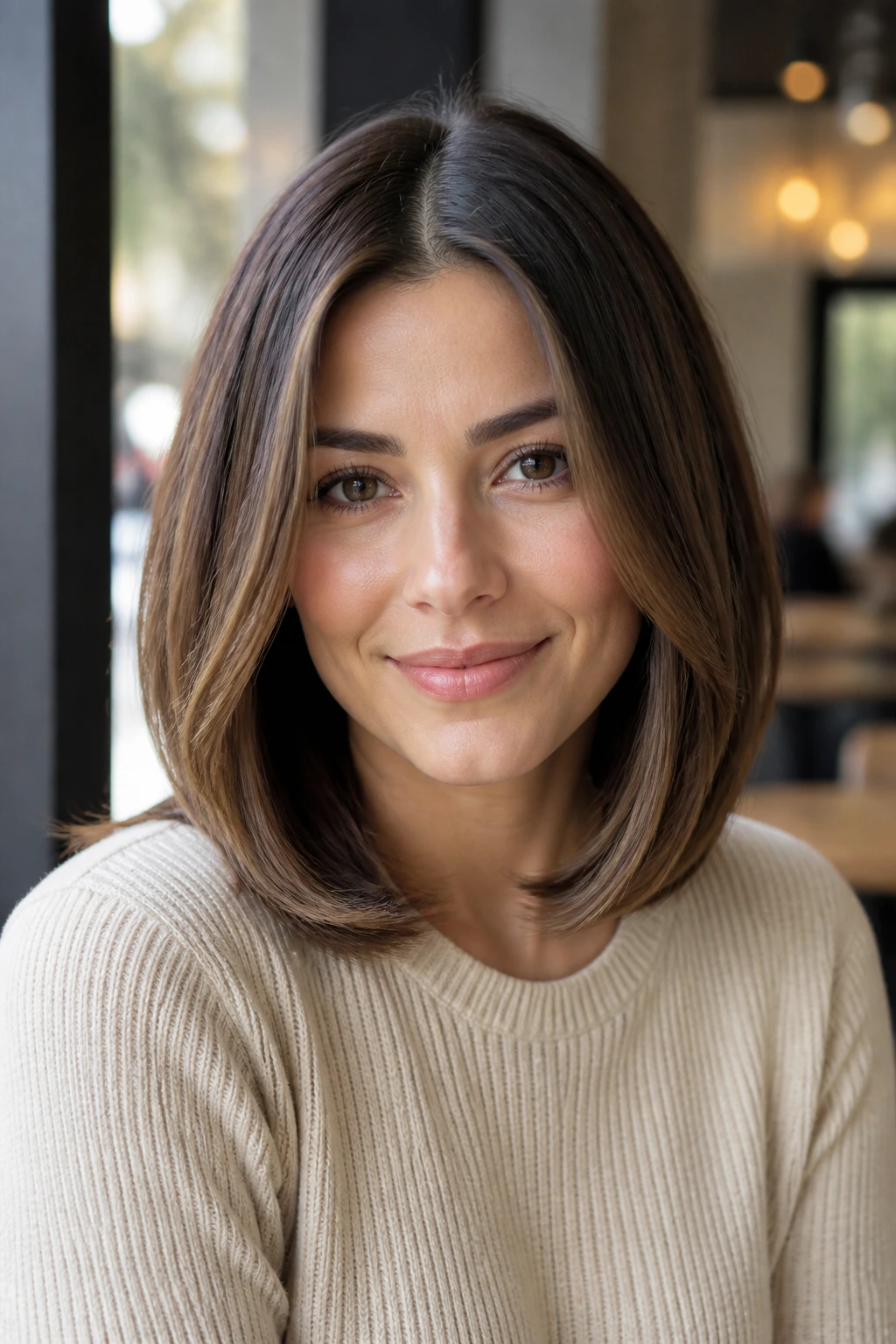 Close-up portrait of a real woman with soft layers and a center part in warm cafe light