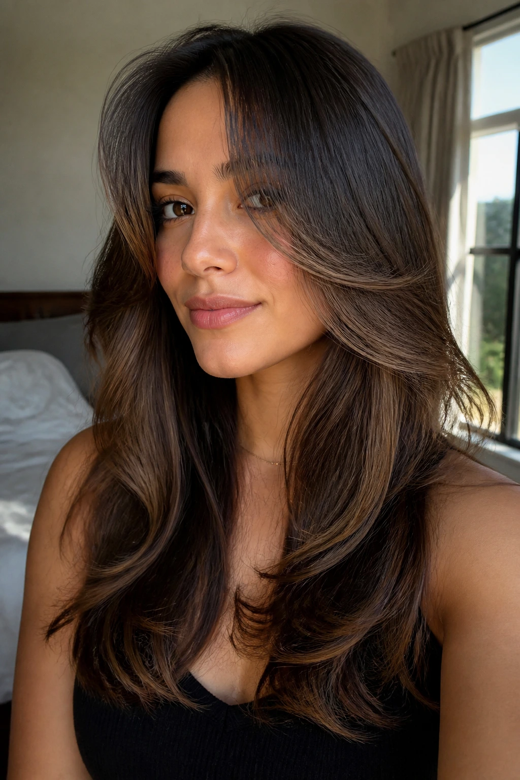 Real woman with soft layers and curtain bangs framing the face