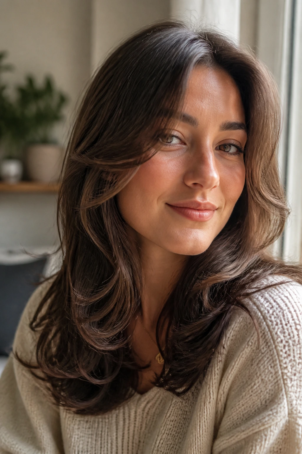 Close-up of a real woman with face-framing curls curling toward the face.