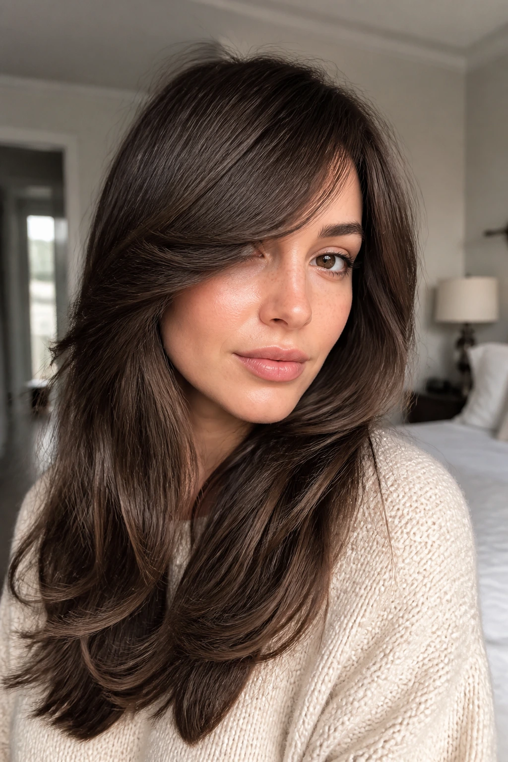 Woman with soft layered hair and side-swept fringe, framing the face.