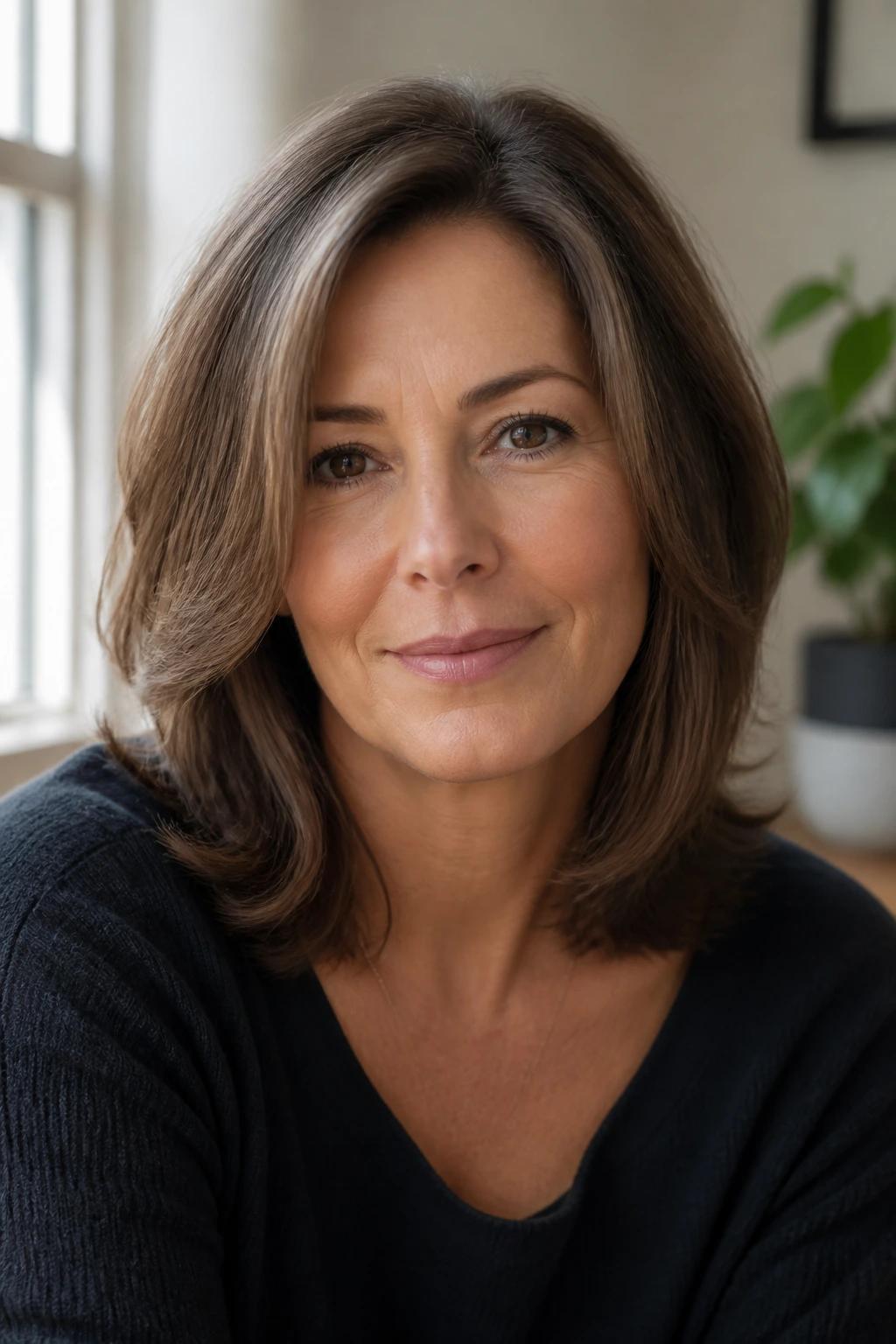 Close-up of a woman with soft face-framing layers in an office setting