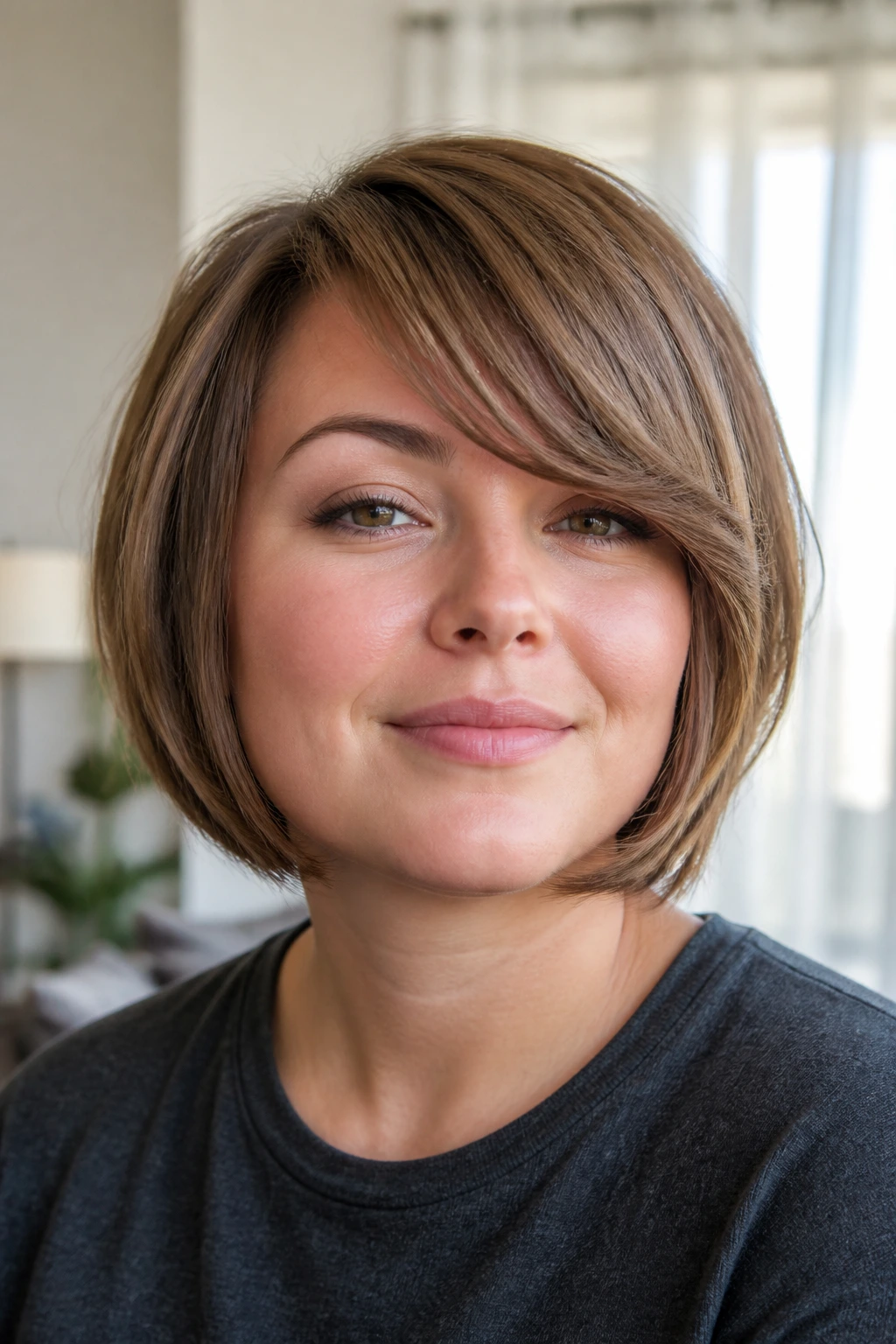 Close-up of a woman with soft layers and a sweeping side bang in natural light