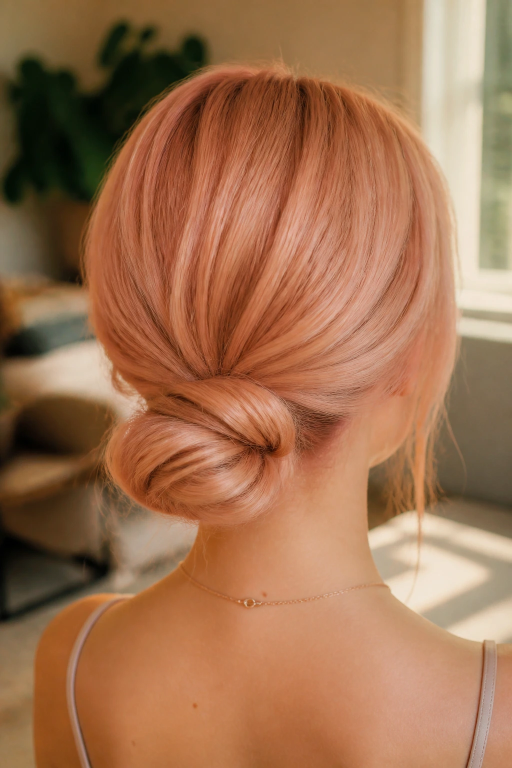Back view close-up of real person with soft low chignon at the nape