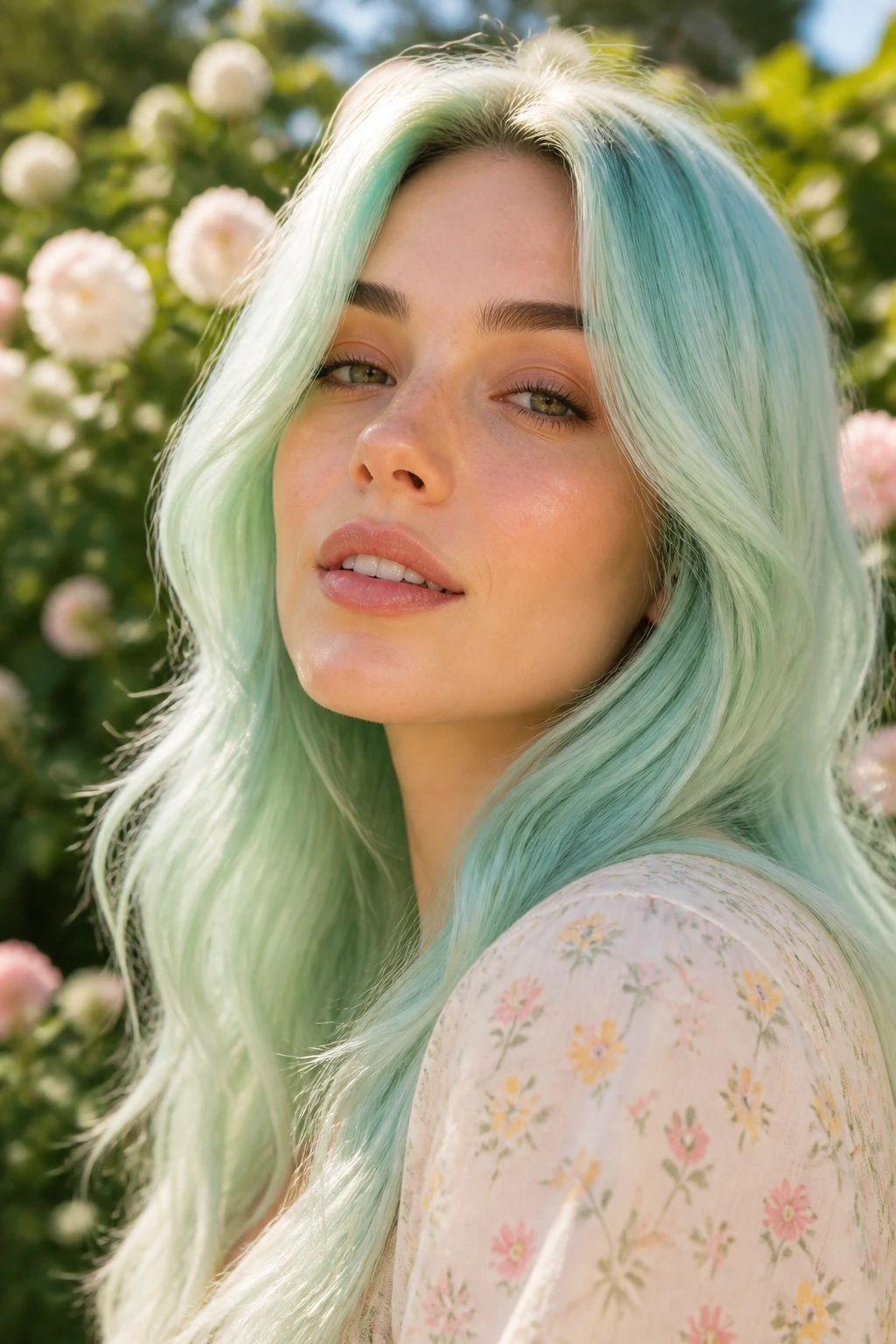Close-up portrait of a real person with soft mint green hair