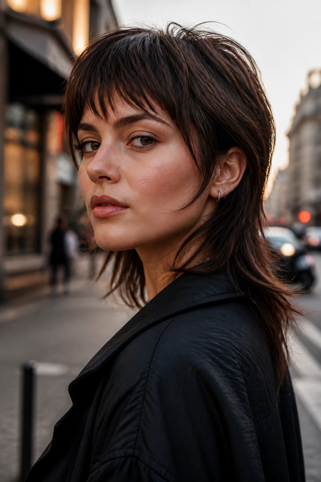 Three-quarter portrait of a real woman with a soft mullet showing short crown layers
