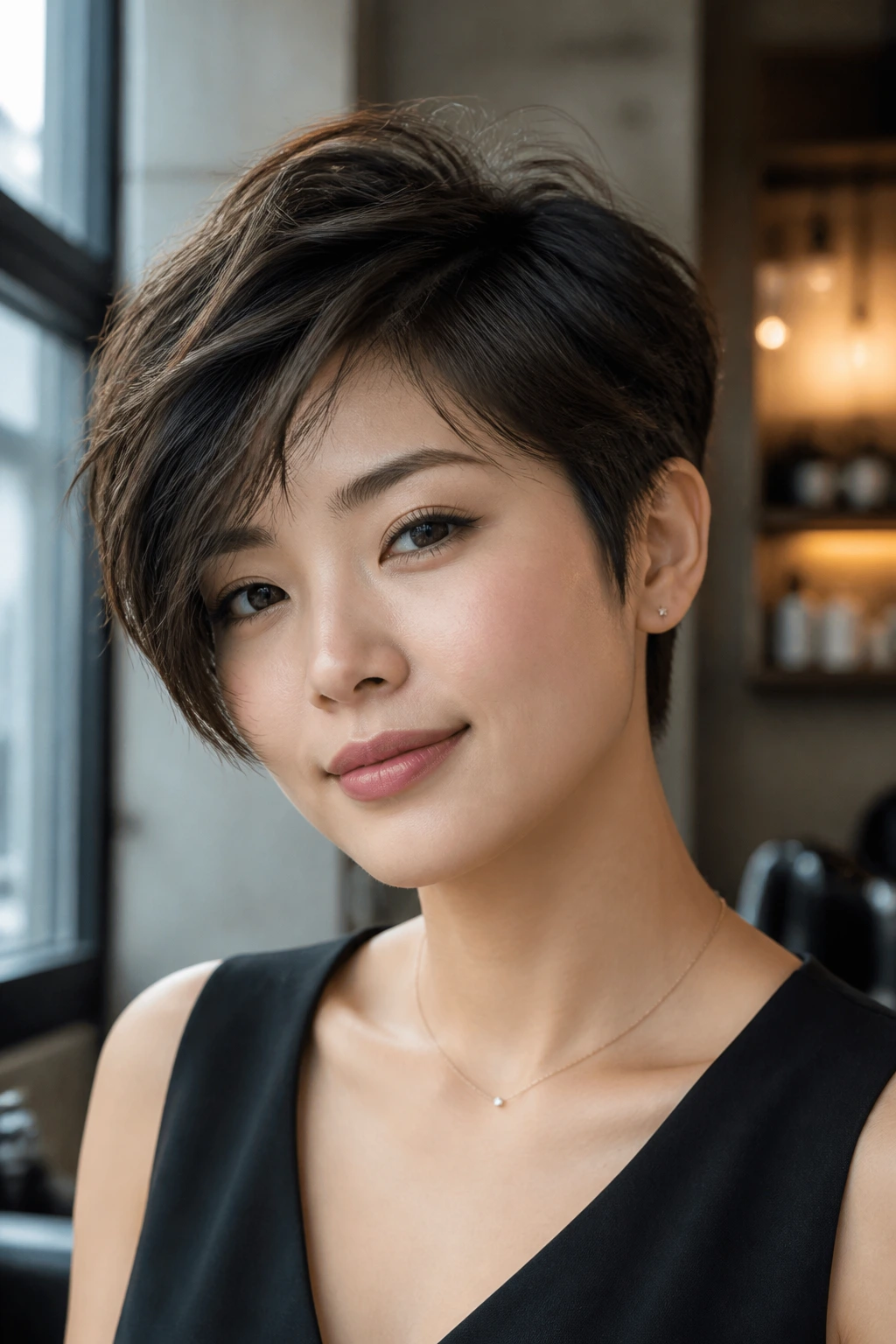 Real woman with asymmetrical soft pixie and crown volume in an urban interior