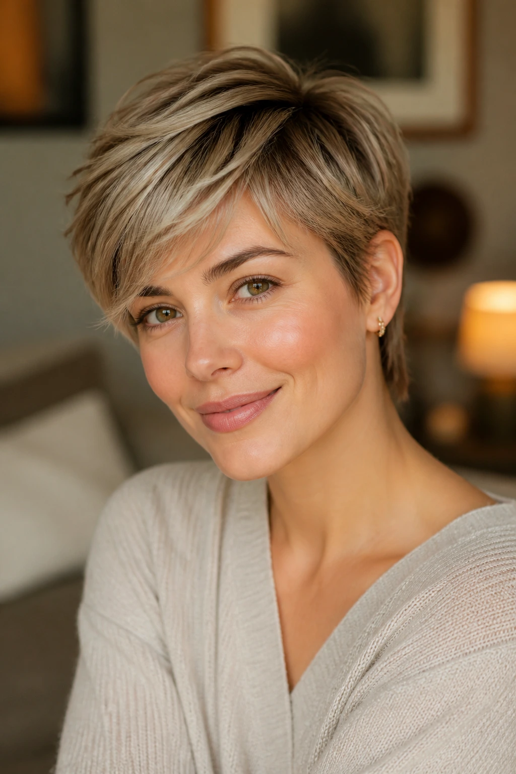 Close-up portrait of a woman with a soft, blended pixie cut in warm light