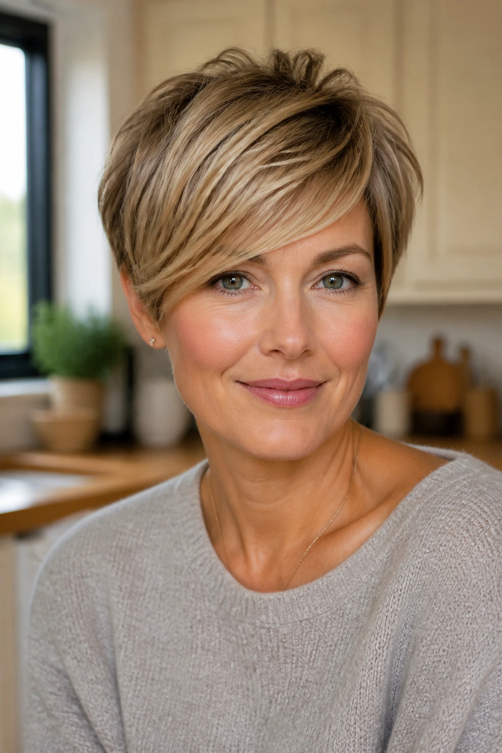 Portrait of a woman with a soft pixie cut and side-swept bangs