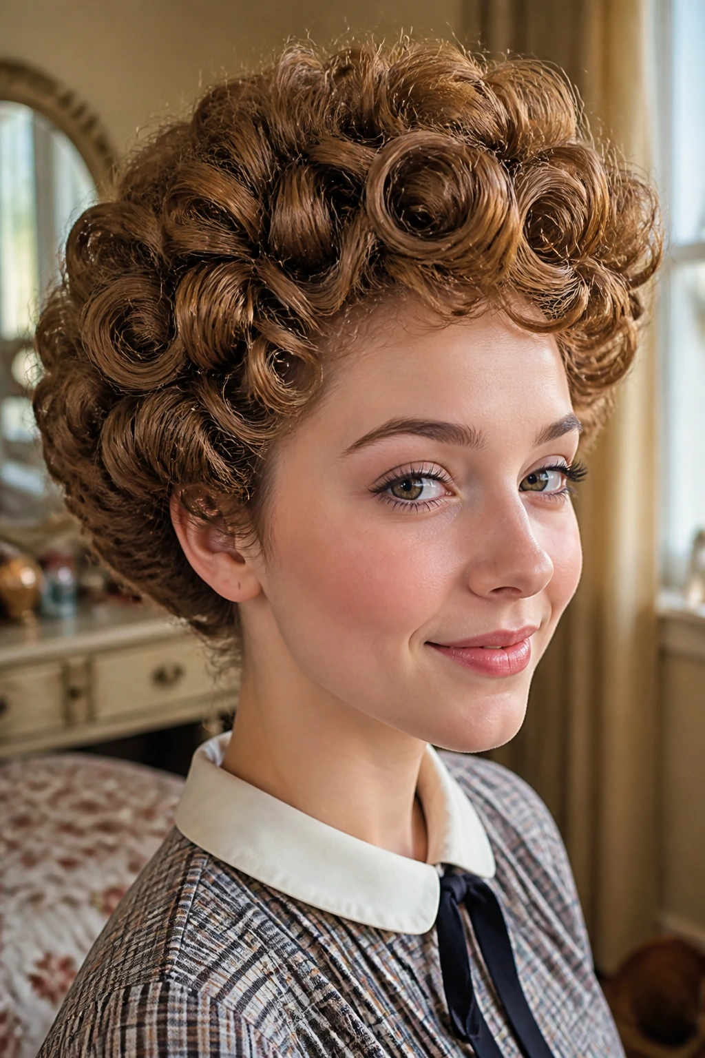Close-up of a real student with soft poodle curls in a sunlit bedroom