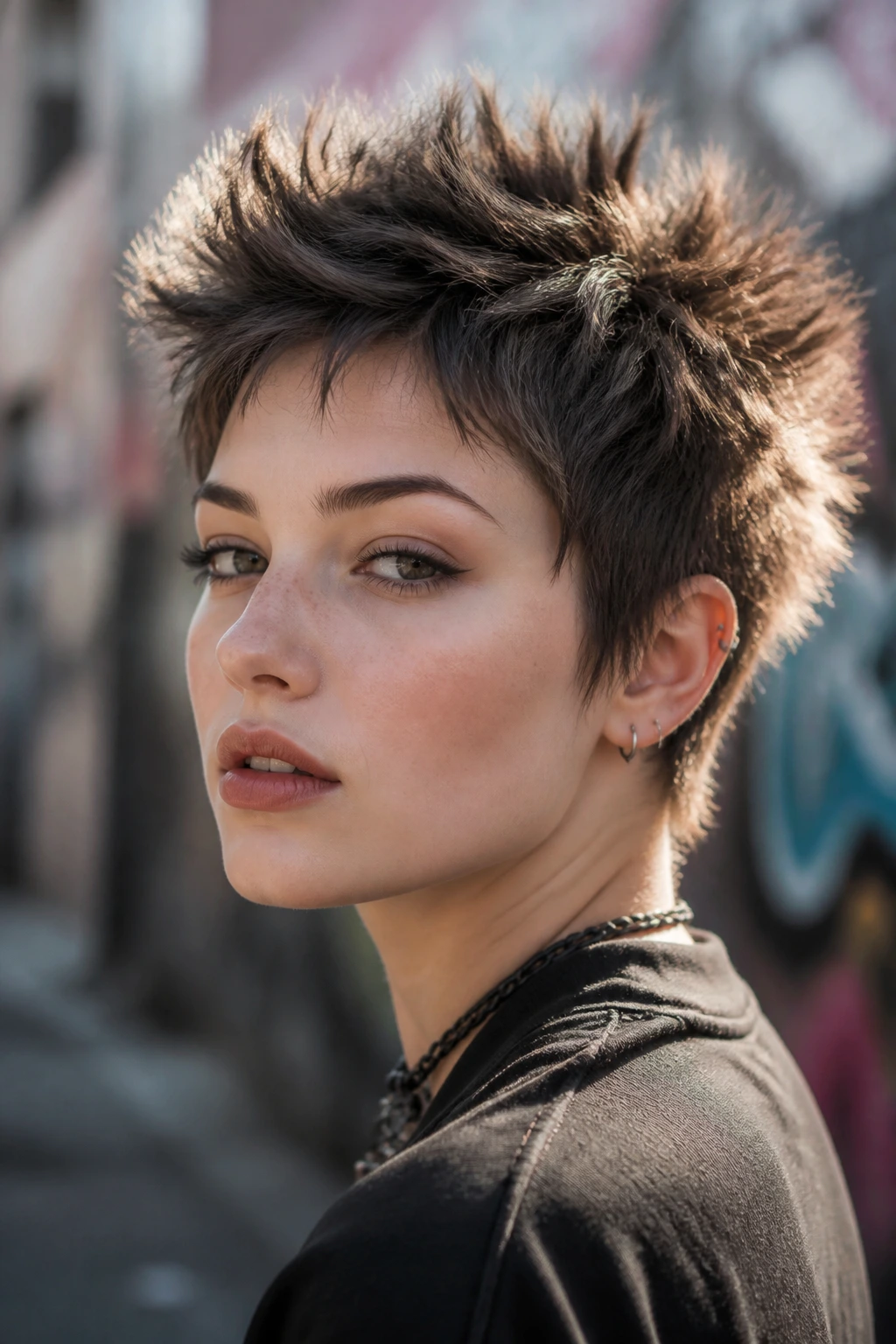 Real person with softened punk spikes hairstyle against muted graffiti backdrop