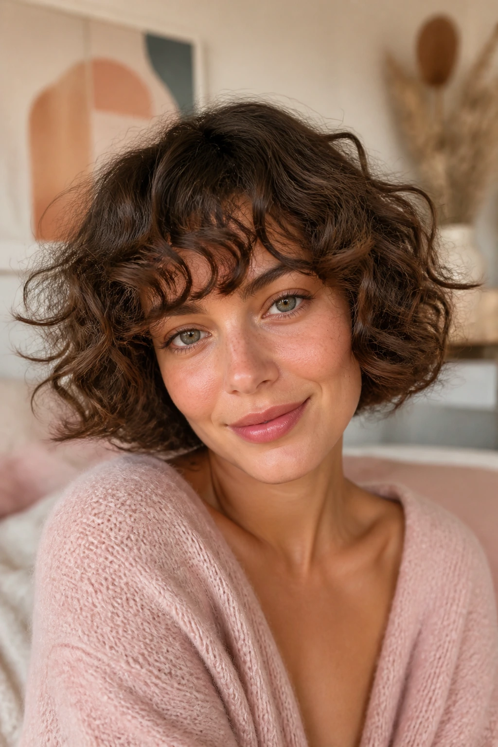 Close-up of a real woman with a soft romantic curly fringe in morning light