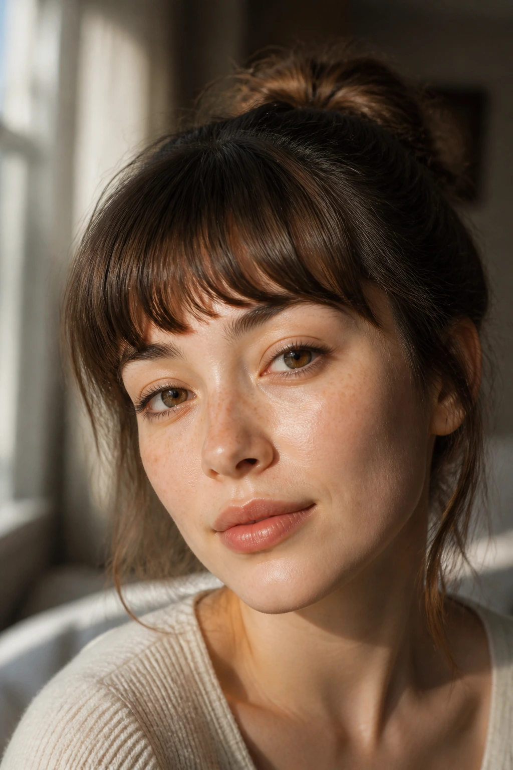 Portrait of a person with soft rounded baby bangs in natural light