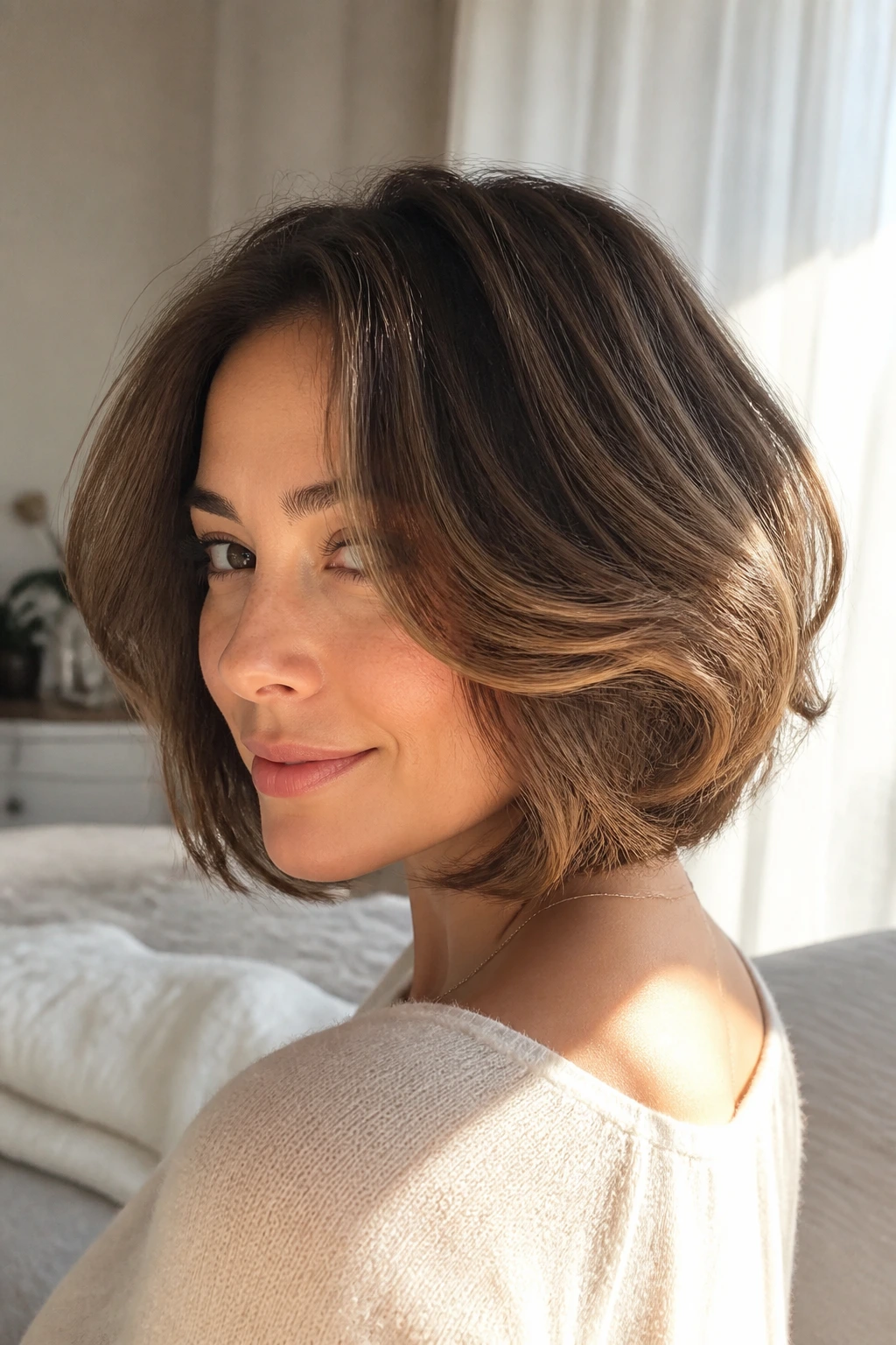Close-up of a real woman with a softly rounded stacked bob and blended layers in warm daylight.