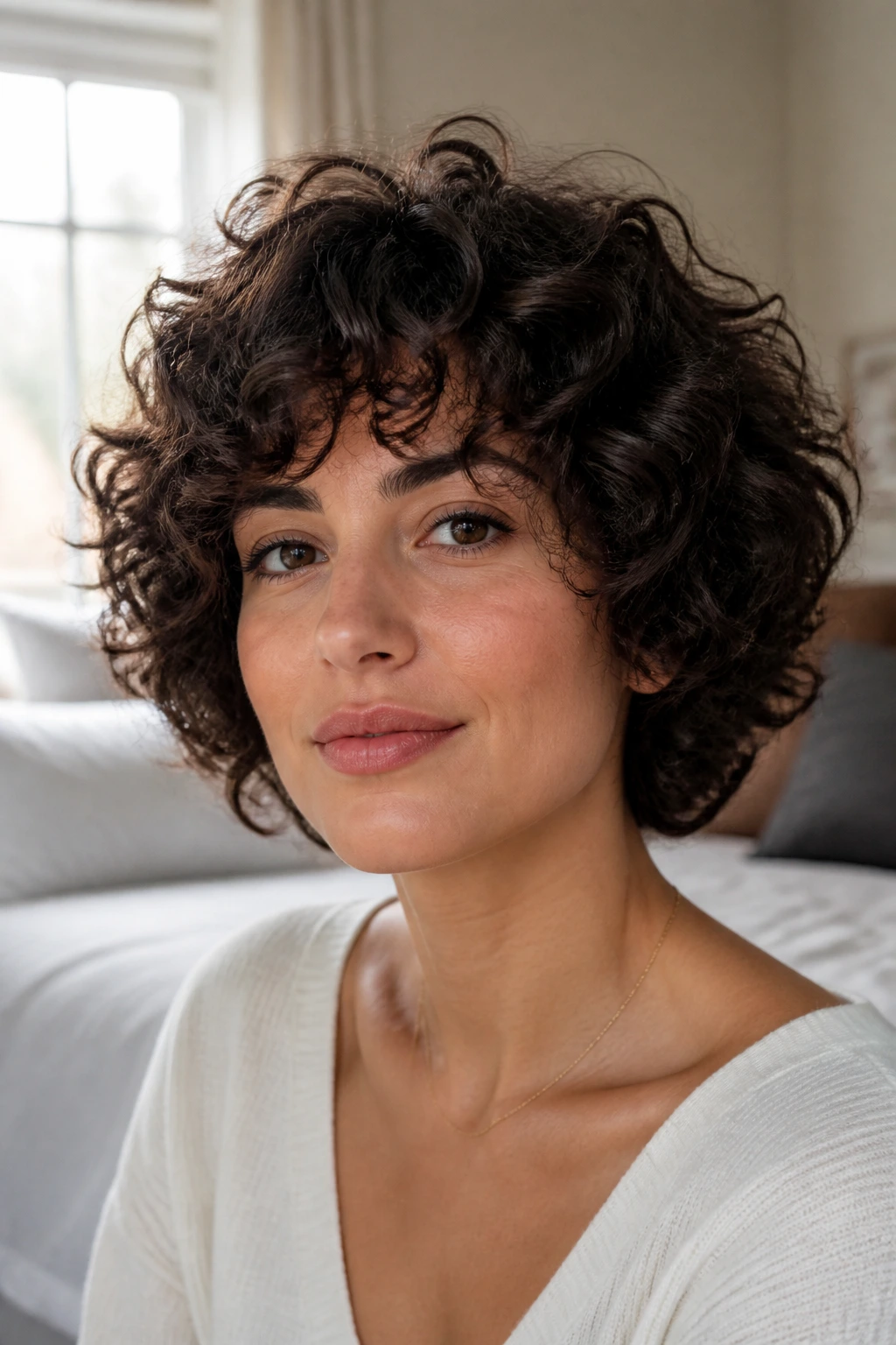 Close-up of a real woman with a soft rounded wedge creating a halo around the face