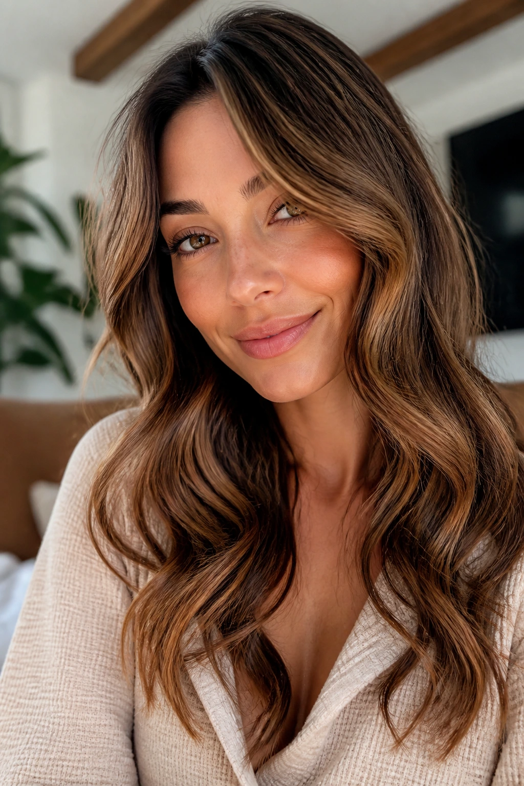 Portrait of woman with long hair showing a soft S bend along the length.